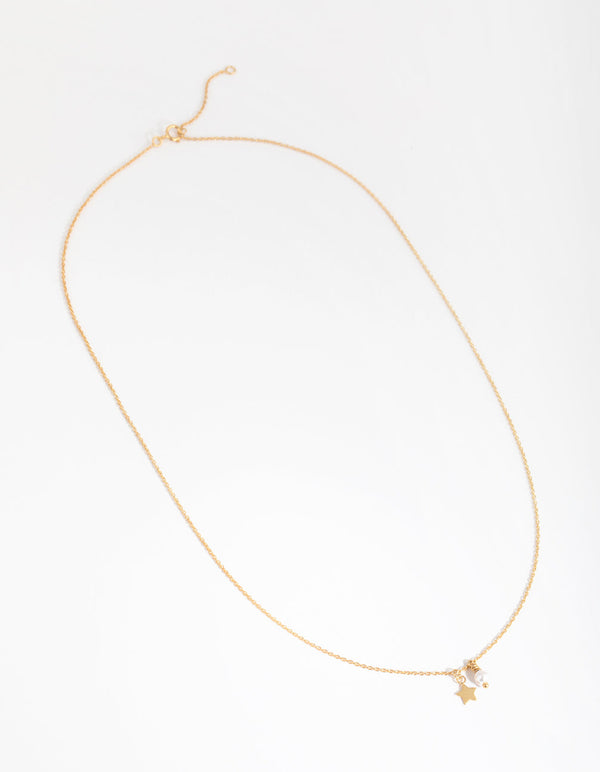 Gold Plated Sterling Silver Pearl and Star Charm Necklace