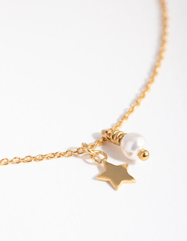 Gold Plated Sterling Silver Pearl and Star Charm Necklace
