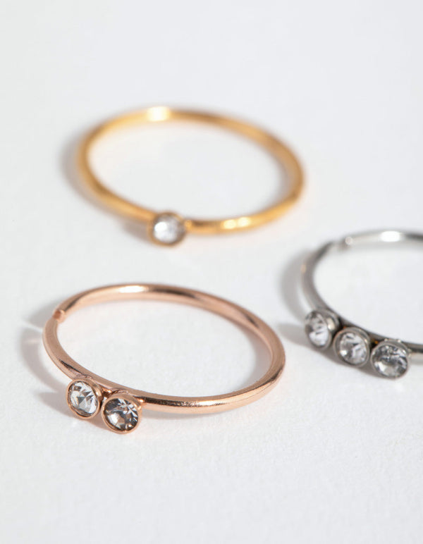 Mixed Metal Surgical Steel Diamante Top 3-Pack Nose Rings