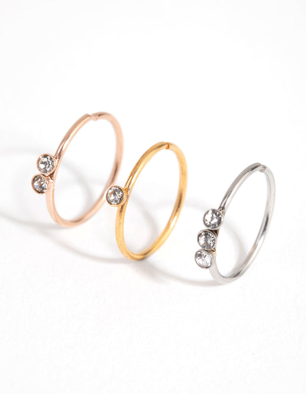 Mixed Metal Surgical Steel Diamante Top 3-Pack Nose Rings