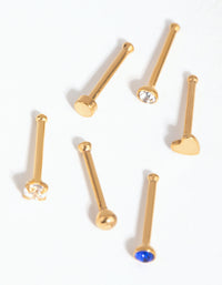 Gold Surgical Steel Heart Diamante 6-Pack Nose Studs - link has visual effect only