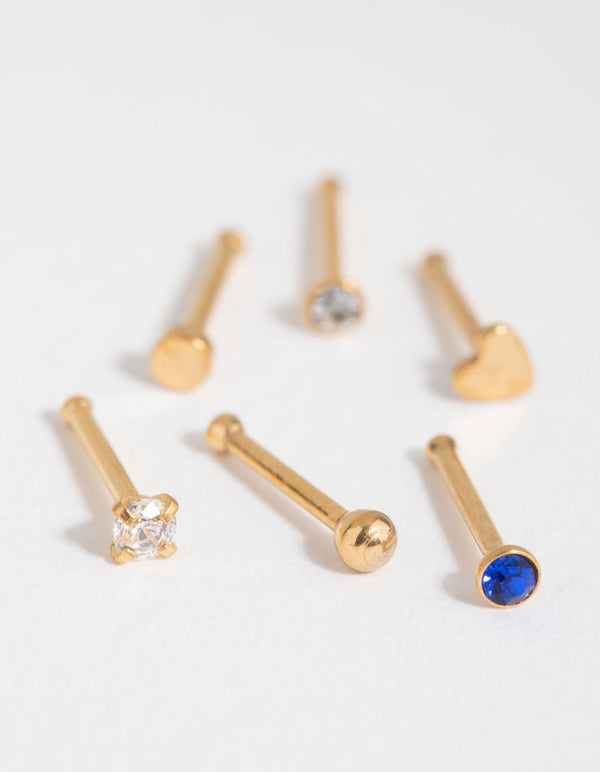 Gold Surgical Steel Heart Diamante 6-Pack Nose Studs