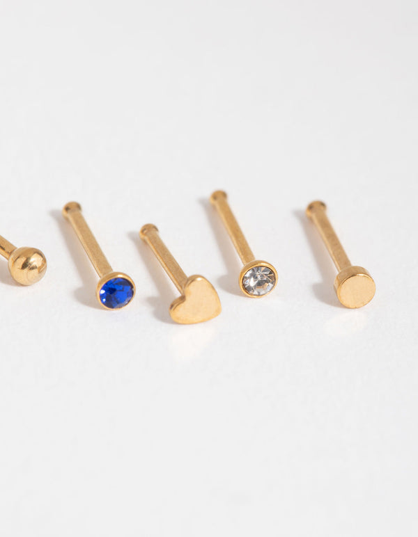 Gold Surgical Steel Heart Diamante 6-Pack Nose Studs