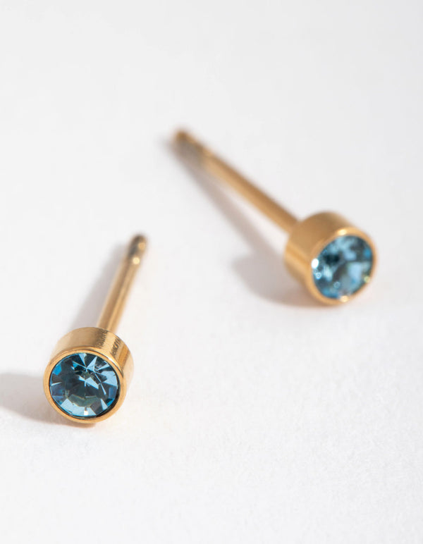 24 Carat Gold Plated Titanium March Aquamarine Stud Earrings