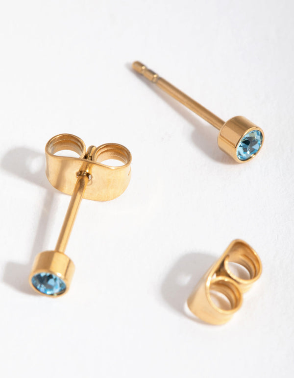 24 Carat Gold Plated Titanium March Aquamarine Stud Earrings