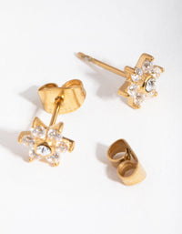 24 Carat Gold Plated Surgical Steel Cubic Zirconia Flower Stud Earrings - link has visual effect only
