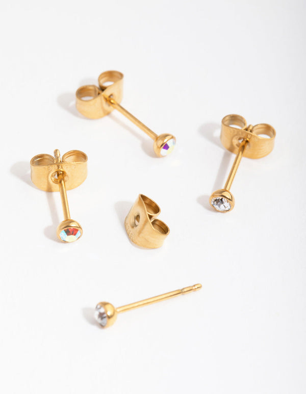 24 Carat Gold Plated Surgical Steel Diamante Bezel 2-Pack Stud Earrings