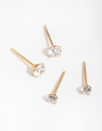 24 Carat Gold Plated Surgical Steel Round Cubic Zirconia 2-Pack Stud Earrings - link has visual effect only