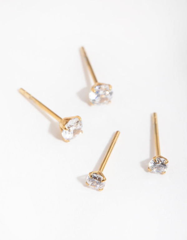 24 Carat Gold Plated Surgical Steel Round Cubic Zirconia 2-Pack Stud Earrings