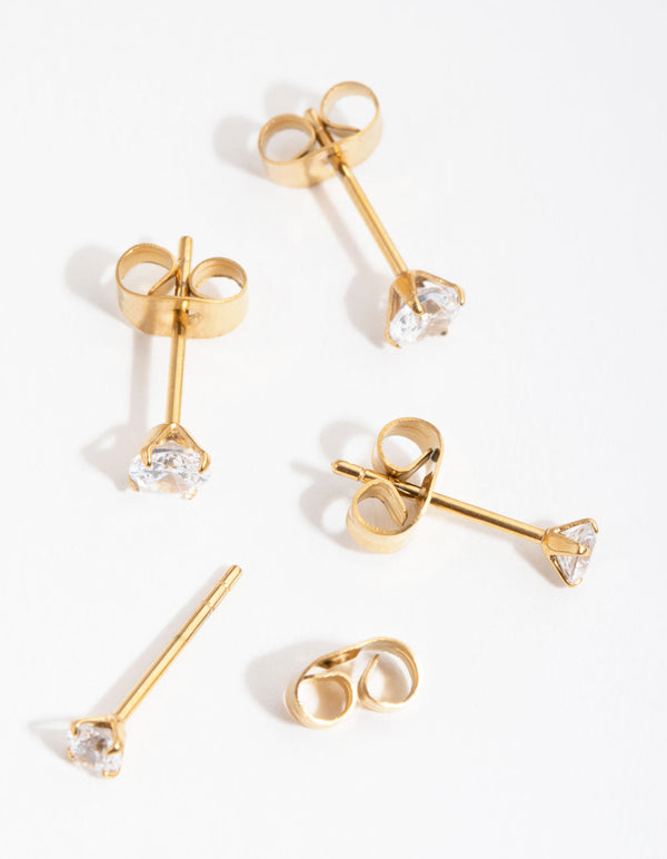 24 Carat Gold Plated Surgical Steel Round Cubic Zirconia 2-Pack Stud Earrings