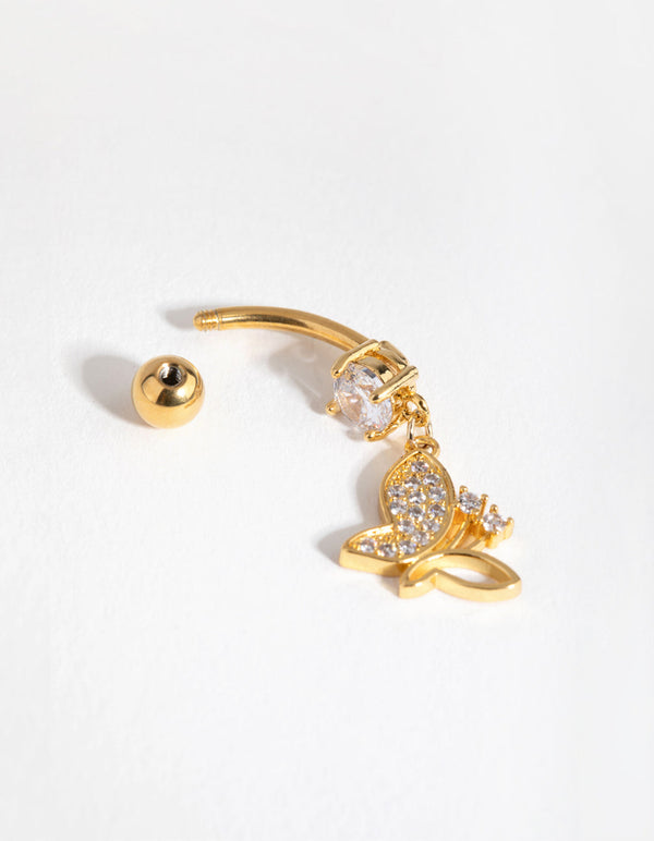 Gold Surgical Steel Cubic Zirconia Butterfly Drop Belly Ring