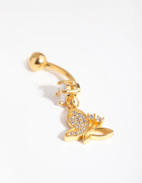 Gold Surgical Steel Cubic Zirconia Butterfly Drop Belly Ring