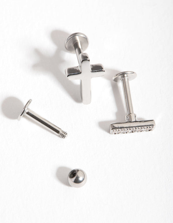 Surgical Steel Rhodium Ball Cross 3-Pack Flatbacks