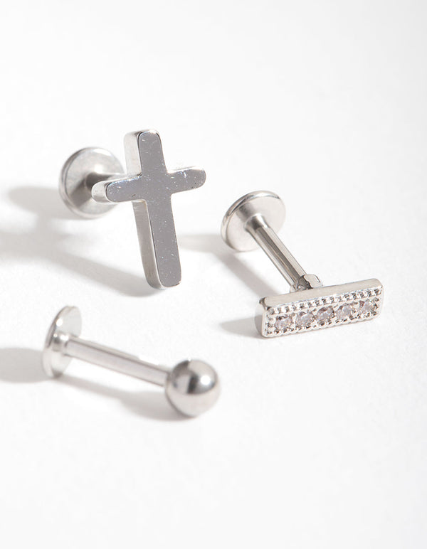 Surgical Steel Rhodium Ball Cross 3-Pack Flatbacks