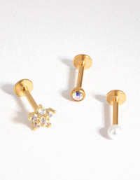 Gold Surgical Steel Flower and Pearl 3-Pack Flat Backs - link has visual effect only