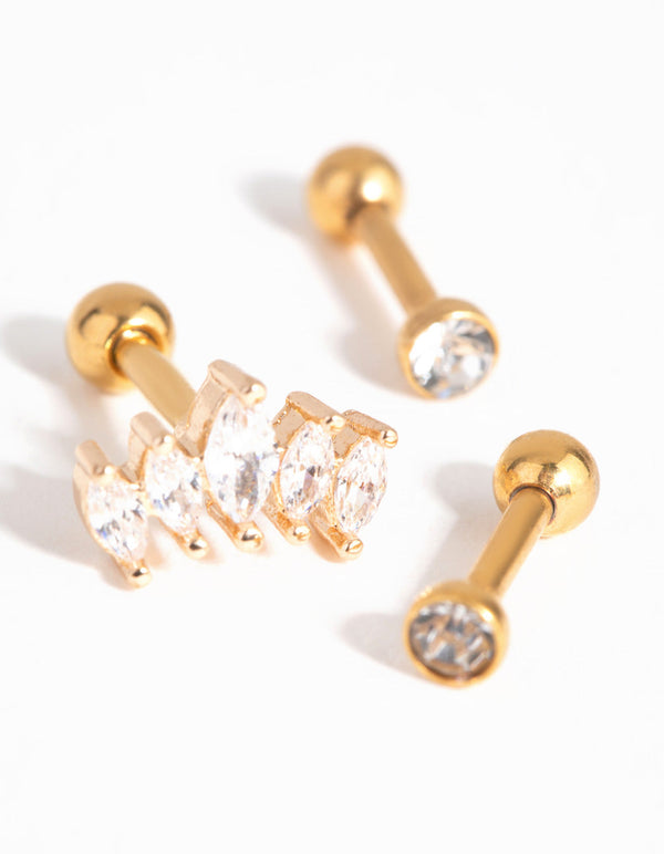 Gold Surgical Steel Cubic Zirconia Marquise 3-Pack Barbells