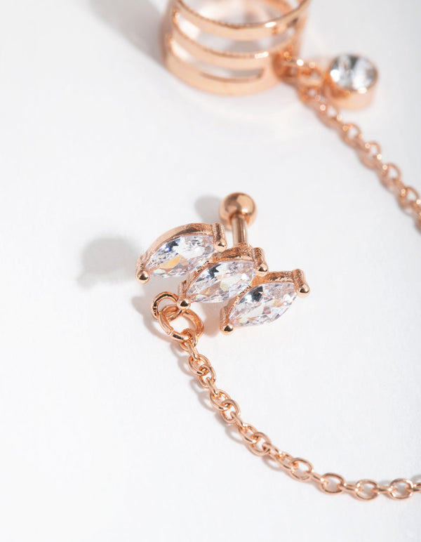 Surgical Steel Rose Gold Cubic Zirconia Marquise Barbell and Earcuff