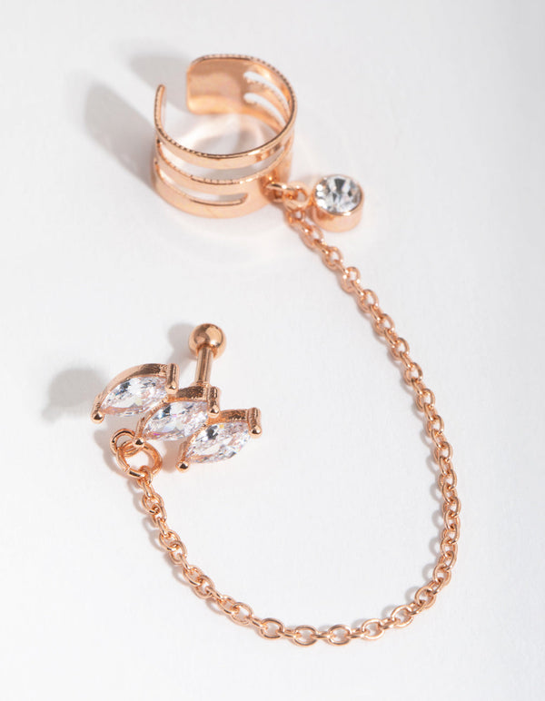 Surgical Steel Rose Gold Cubic Zirconia Marquise Barbell and Earcuff