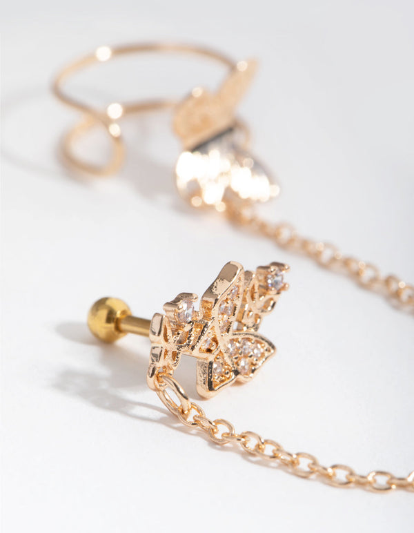 Surgical Steel Gold Butterfly Barbell and Earcuff