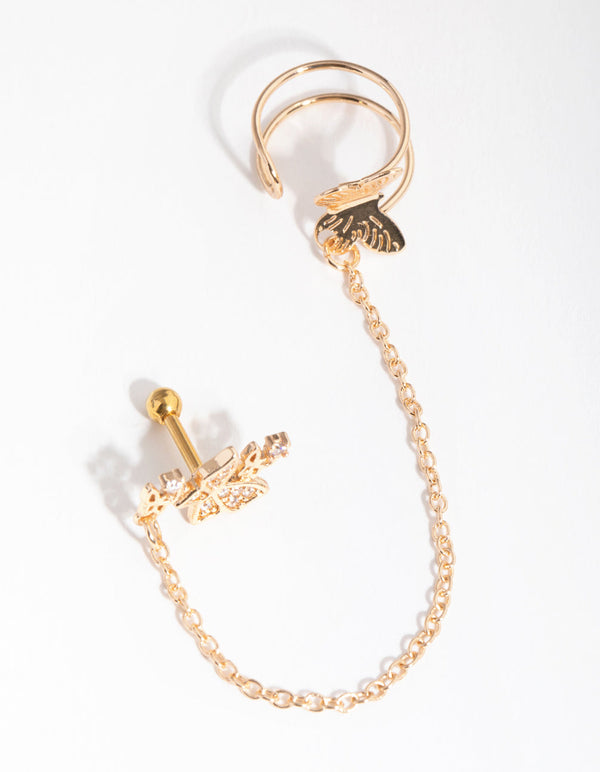Surgical Steel Gold Butterfly Barbell and Earcuff