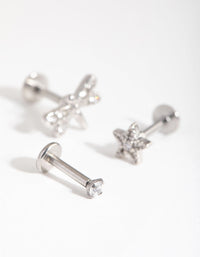 Surgical Steel Rhodium Flower Dragonfly 3-Pack Flat Backs - link has visual effect only