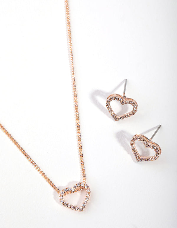 Rose Gold Diamond Simulant Heart Necklace and Earrings Set