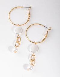 Gold Faux Pearl Chain Hoop Earrings - link has visual effect only