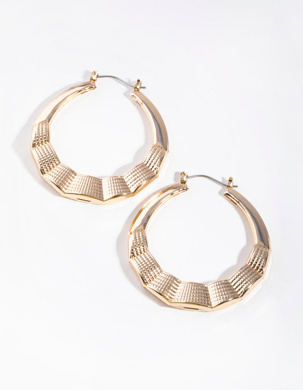 Gold Half Flat Textured Hoop Earrings
