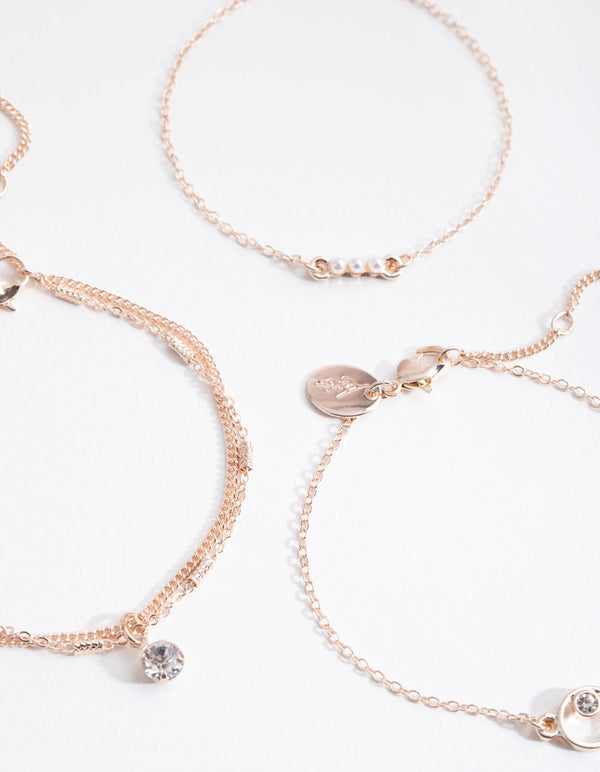 Rose Gold Diamante and Faux Pearl 3-Pack Bracelet