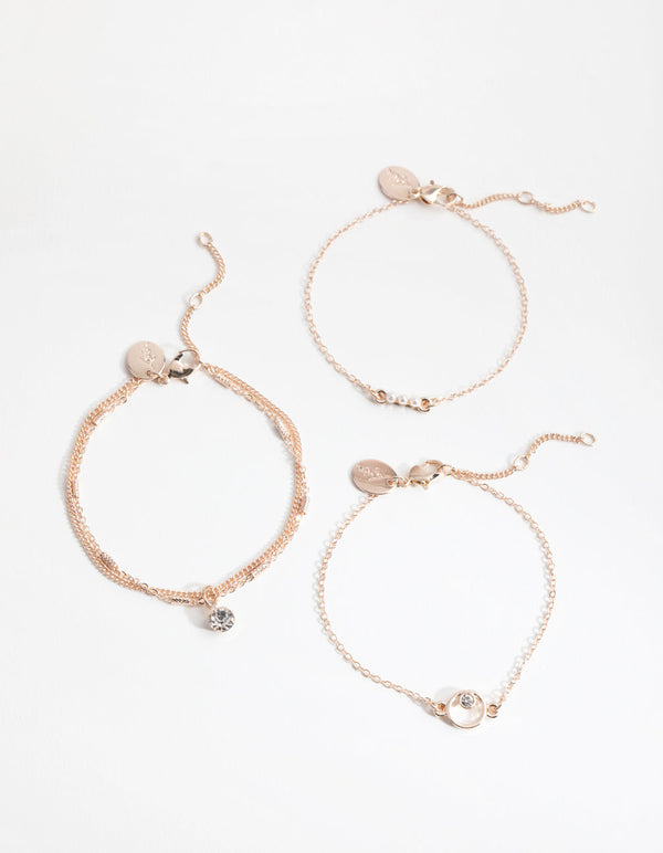 Rose Gold Diamante and Faux Pearl 3-Pack Bracelet