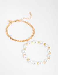 Gouden imitatieparel- en kralenarmbanden in 2-pack - link has visual effect only