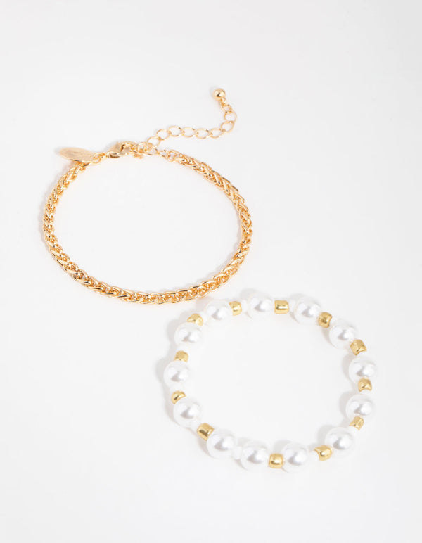 Gouden imitatieparel- en kralenarmbanden in 2-pack
