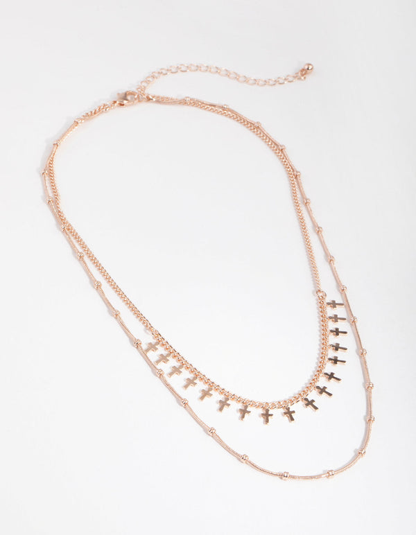 Rose Gold Short Mini Cross 2-Row Necklace