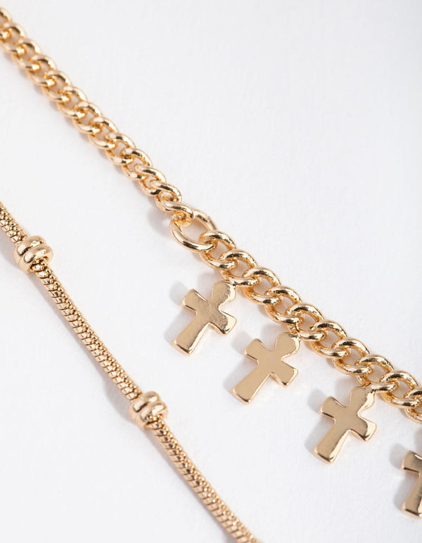 Gold Short Mini Cross 2-Row Necklace