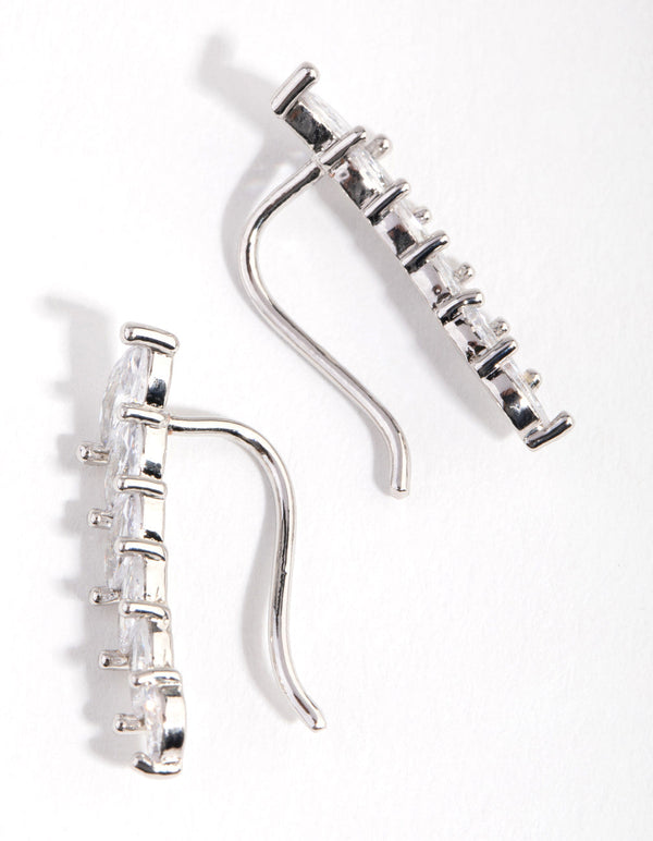 Rhodium Diamond Simulant Cubic Zirconia Marquaise Crawler Earrings