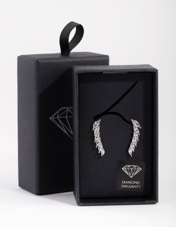 Rhodium Diamond Simulant Cubic Zirconia Marquaise Crawler Earrings
