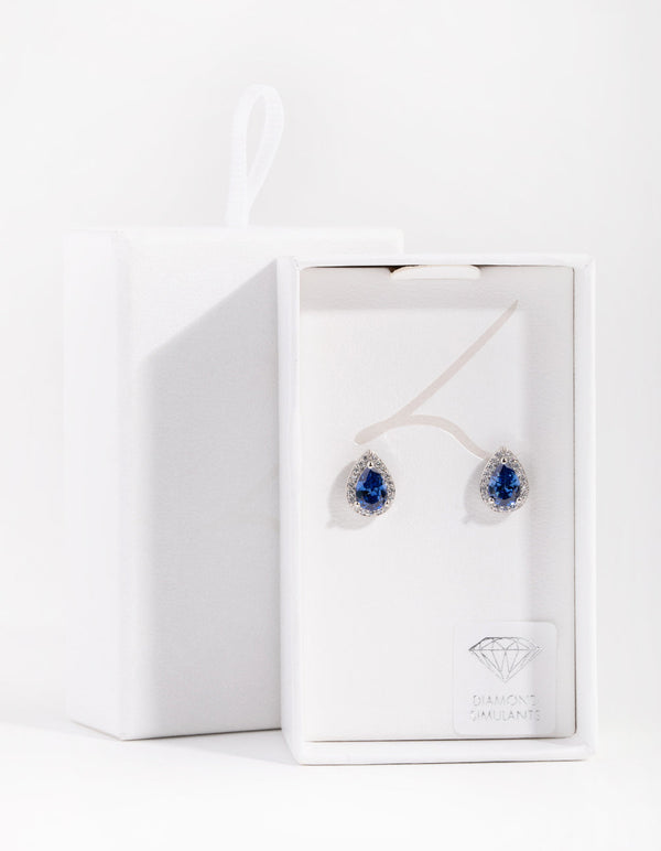 Cubic Zirconia Rhodium Pear Halo Stud Earrings