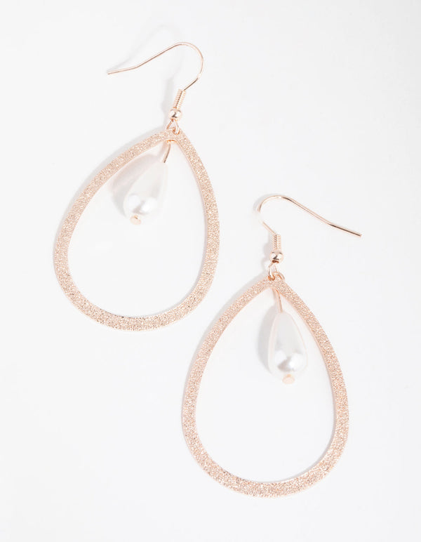 Rose Gold Sandblast Faux Pearl Drop Earrings