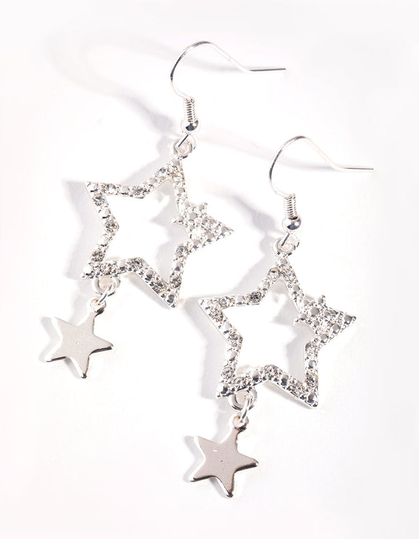 Silver Double Star Drop Earrings