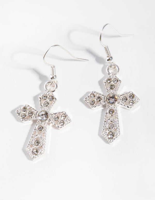 Silver Diamante Cross Drop Earrings