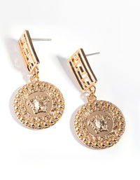Gold Meandros Disc Drop Earrings - link has visual effect only
