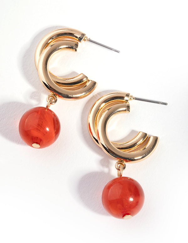 Gold Bead and Double Hoop Drop Earrings