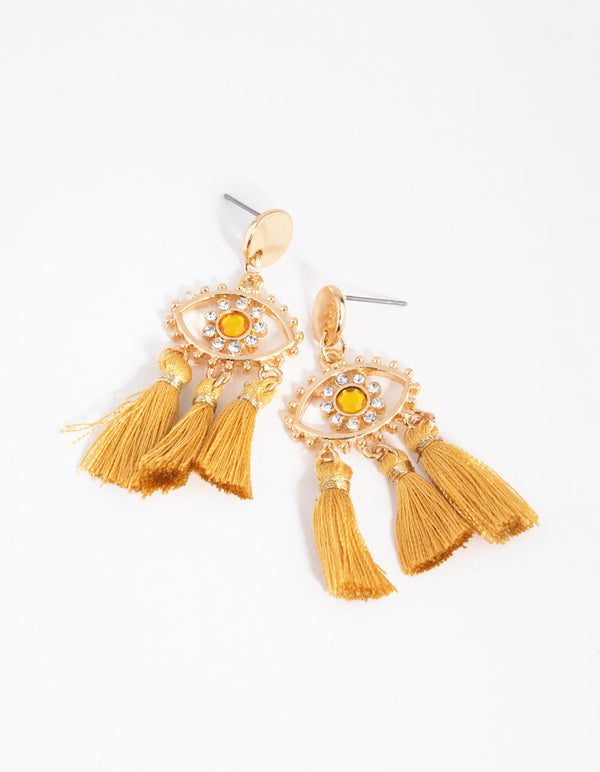 Gold Eye Tassel Drop Earrings
