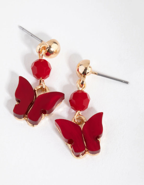 Gold Bead and Butterfly Drop Earrings
