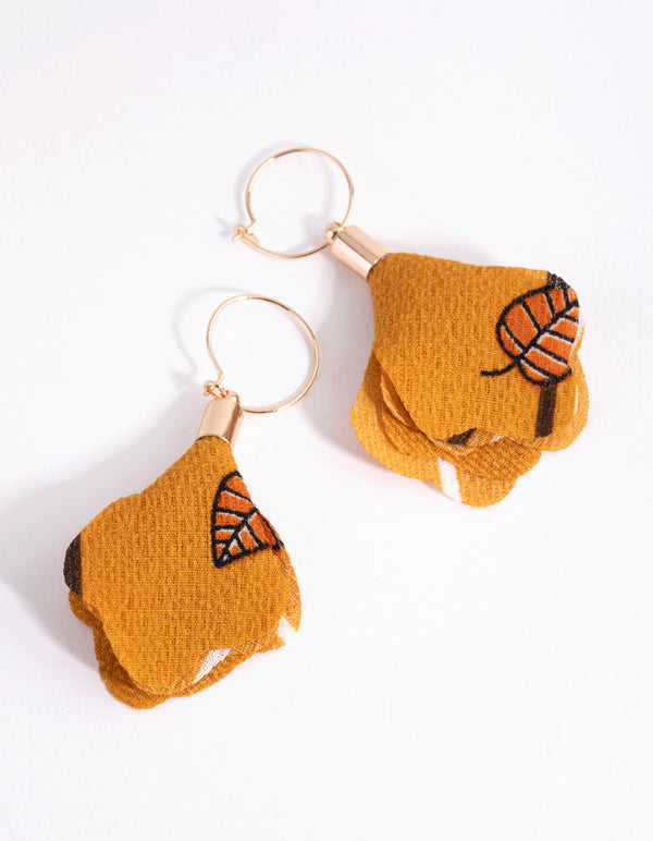Gold Fabric Flower Drop Earrings