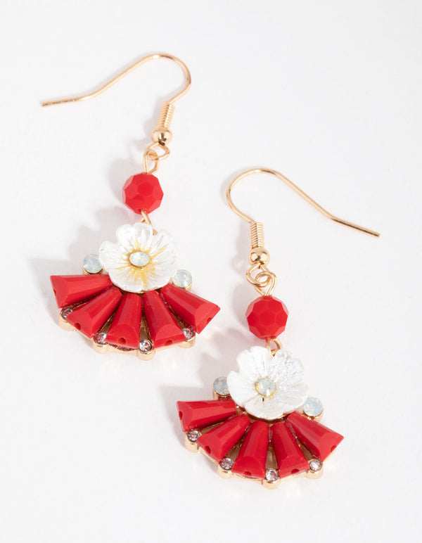 Gold Faux Pearl Flower Fan Drop Earrings