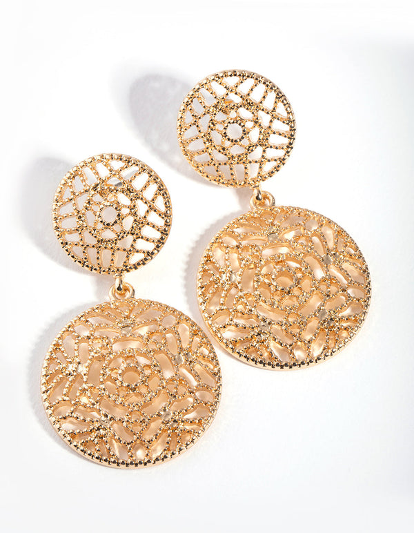 Gold Double Filigree Disc Drop Earrings
