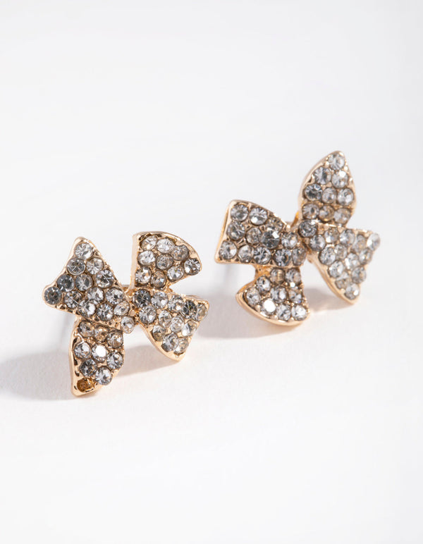 Gold Diamante Bow Stud Earrings