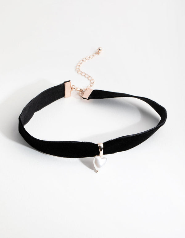 Rose Gold Faux Pearl Heart Choker Necklace
