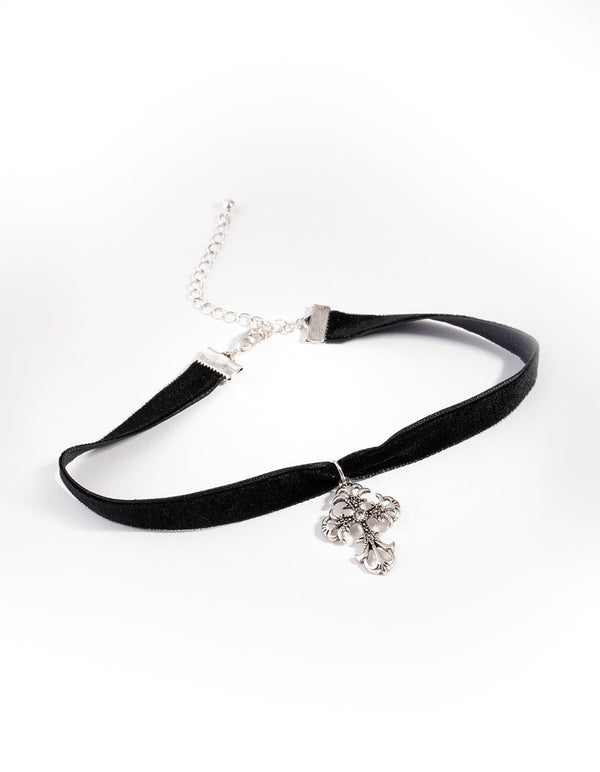 Antique Silver and Suede Cross Choker Necklace
